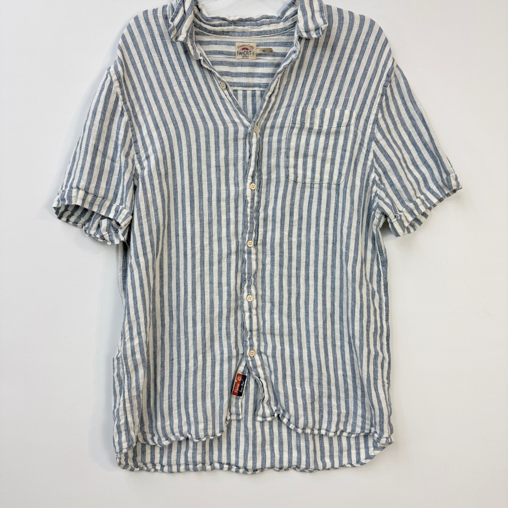 Faherty Palma Linen Shirt Mens XL Blue White Striped Short Sleeve Button Down - Picture 2 of 12
